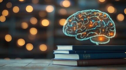 A holographic brain emits light, hovering over a stack of books in a tranquil library, symbolizing the connection between knowledge and intellect