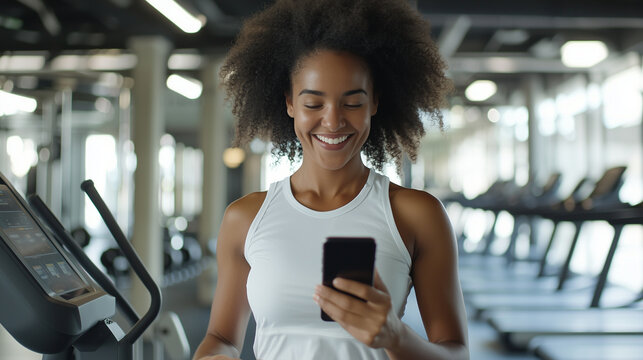 Gym Check-In: Happy Sportswoman Using a Smartphone While Checking In at the Gym, Showcasing Fitness Enthusiasm and Technology Integration. photo - Powered by Adobe