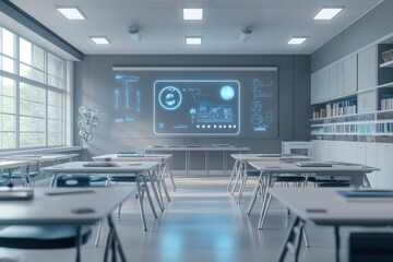Futuristic classroom with holographic screen.