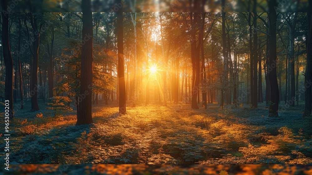 Poster A tranquil forest clearing at sunset, with the warm light filtering through the trees and creating long shadows on the forest floor. Generative AI.