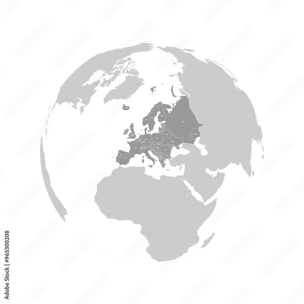 Wall mural europe continent dark blue highlighted silhouette on earth globe. country name labels visible. vecto