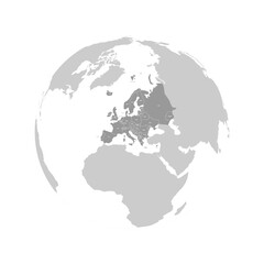 Obraz premium Europe continent dark blue highlighted silhouette on Earth globe. Country name labels visible. Vector illustration