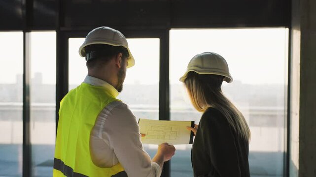 A man and a woman, both wearing safety helmets and standing near large windows, are reviewing architectural blueprints or building plans in a well-lit office or construction site.