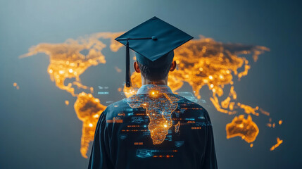 A graduate stands confidently on digital map of world, symbolizing global knowledge and opportunity. illuminated map highlights various regions, reflecting bright future