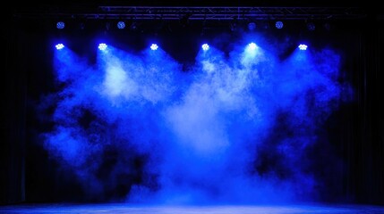 Fototapeta premium Ethereal blue stage with dynamic lighting theatrical smoke