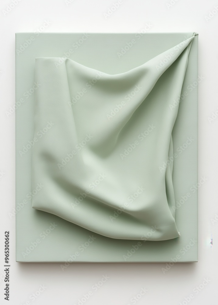 Poster abstract composition with a pale green fabric artistically draped over a textured white canvas, crea