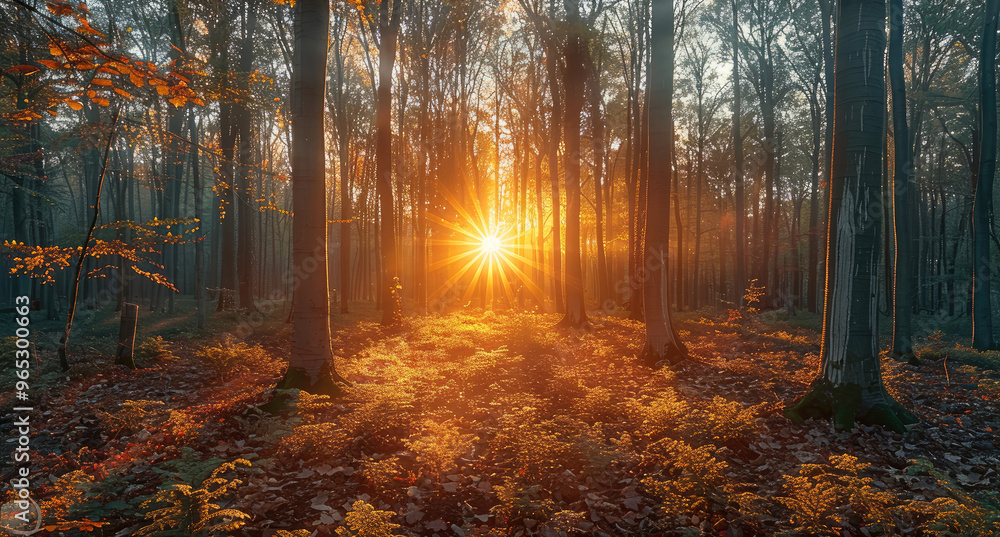 Poster A tranquil forest clearing at sunset, with the warm light filtering through the trees and creating long shadows on the forest floor. Generative AI.