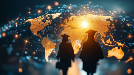 Graduates standing in silhouette against digital world map, symbolizing transition into tech driven future. Their caps and gowns represent achievement and readiness for new challenges