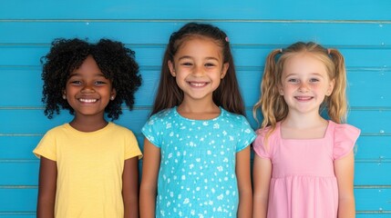 Three young girls with different backgrounds smile brightly against a vibrant blue wall on a sunny day, radiating joy and friendship