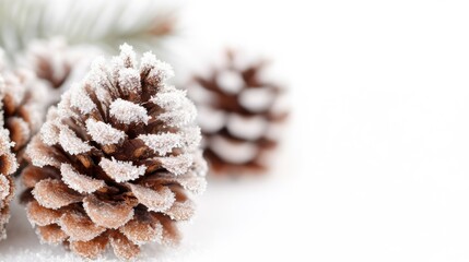 Frosted pine cones are artistically placed against a crisp white backdrop, evoking the beauty of winter and holiday decorations