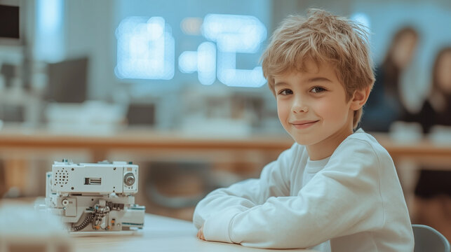 Robotics Lesson: Smiling Young Boy Sitting in a School Classroom with Robotic Machinery on the Table, Learning About Technology and Engineering. photo