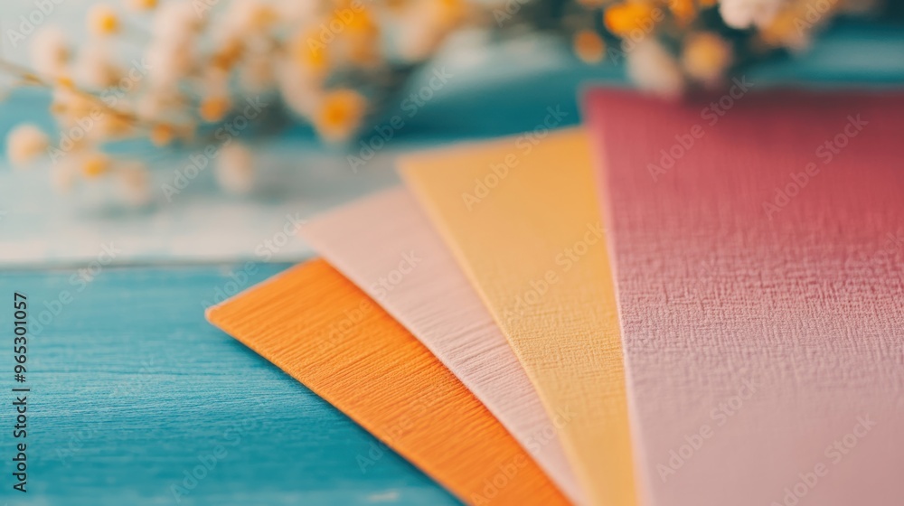 Aufkleber a selection of colorful swatches is arranged thoughtfully on a bright surface while soft flowers add