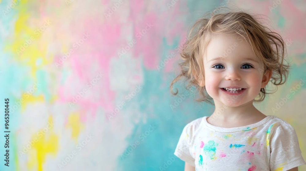 Poster a joyful child in a bright art studio enjoys painting, surrounded by colorful patterns on the walls 