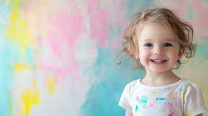 Fototapeta premium A joyful child in a bright art studio enjoys painting, surrounded by colorful patterns on the walls and a cheerful atmosphere