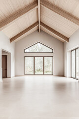 Obraz premium Spacious empty room with large windows, high ceilings with beans, natural lighting and beige tones