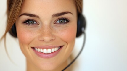 A cheerful customer service representative with a headset is providing assistance and support to clients in a bright office setting