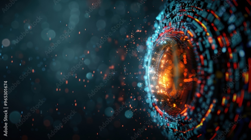 Poster a digital shield with vibrant glowing elements is centered in a dark, cosmic atmosphere filled with 