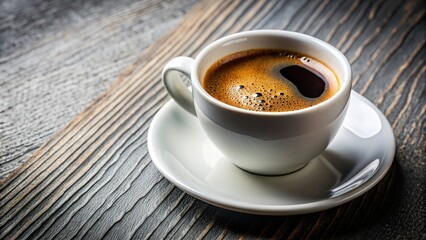 background, hot, coffee shop, A close up of a black espresso coffee in a white cup against a grainy texture background with leading lines from the bottom left corner towards the cup
