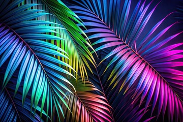 A vibrant and illuminating long shot of a tropical palm leaf background glowing in the dark with color tones of green blue and purple, long shot,tropical, background, blue, purple, vibrant