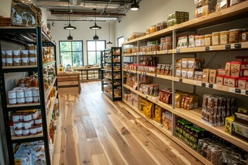 A food cooperative’s retail space showcasing local products. Shelves are stocked with goods from member farms and businesses, Generative AI