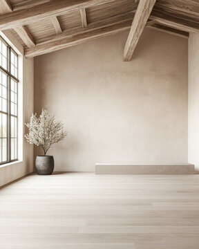 Spacious empty room with large windows, high ceilings with beans, natural lighting and beige tones