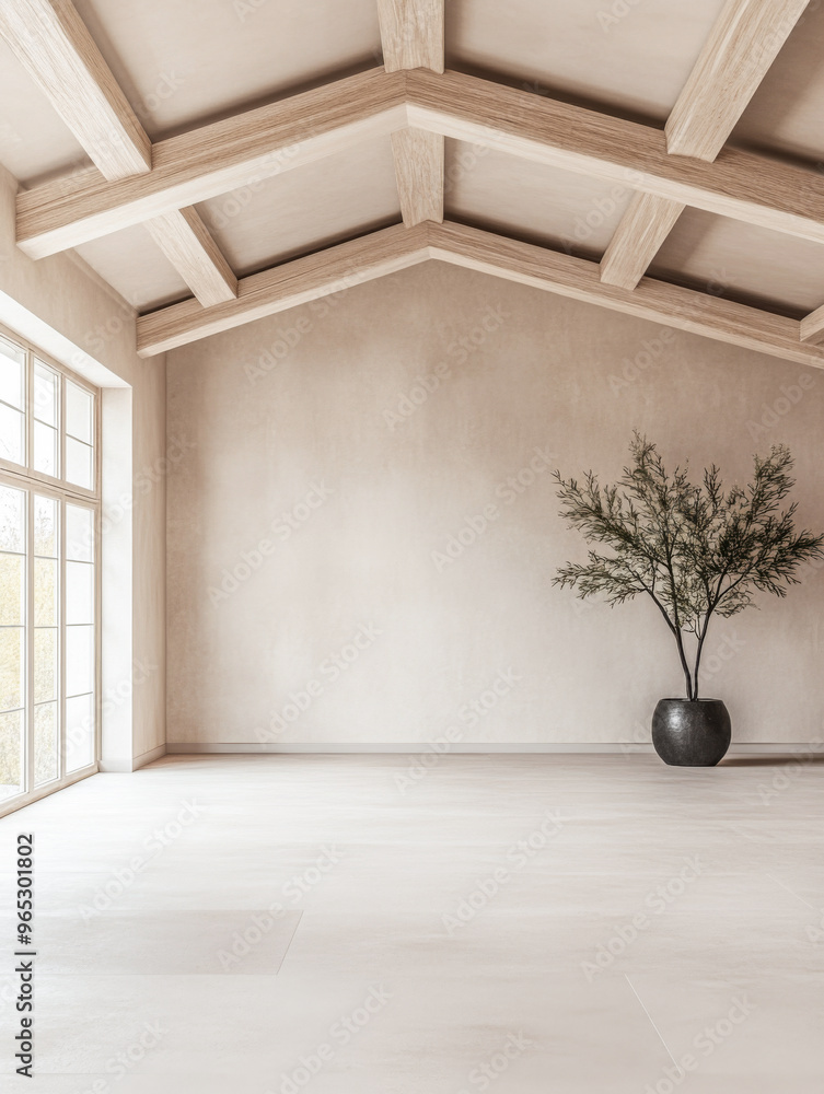 Wall mural spacious empty room with large windows, high ceilings with beans, natural lighting and beige tones