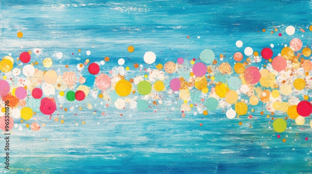 Poster bright confetti in various colors floats on a vivid blue background, creating an uplifting and joyfu