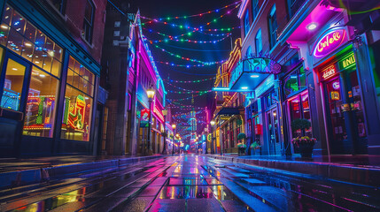 Vibrant neon-lit city street at night , urban, nightlife, bright, colors, electric