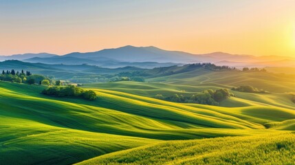 The warm hues of sunset illuminate the lush green hills and scattered trees, creating a peaceful natural retreat at dusk