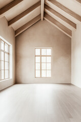 Spacious empty room with large windows, high ceilings with beans, natural lighting and beige tones