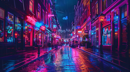Obraz premium Vibrant neon-lit city street at night , urban, nightlife, bright, colors, electric