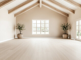 Fototapeta premium Spacious empty room with large windows, high ceilings with beans, natural lighting and beige tones