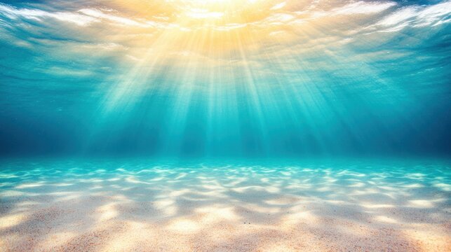 Golden rays of sunlight penetrate the clear ocean water, highlighting the sandy floor and creating a serene underwater ambiance