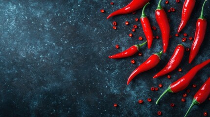 Red chili peppers are artfully scattered on a dark surface, showcasing their vibrant color and fresh appearance