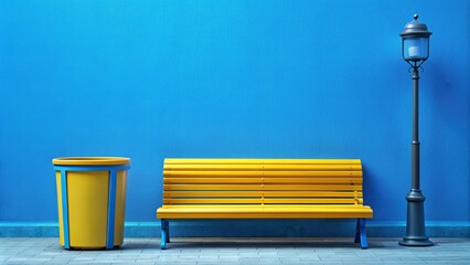 A medium shot of a yellow bench with a street lamp and a bin against a vibrant blue studio background, urban, medium shot, street lamp, furniture, lighting, minimalistic, public space