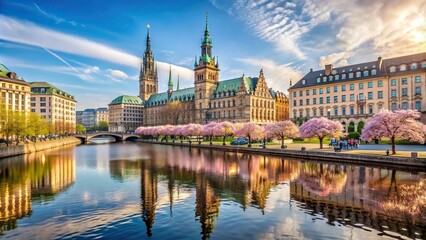 Fototapeta premium Hamburg townhall and Alster river at spring Wide Angle, townhall, European, historic, cityscape,Hamburg, reflection, panoramic, architecture, spring, travel, scenic, Alster river