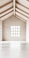 Fototapeta premium Spacious empty room with large windows, high ceilings with beans, natural lighting and beige tones
