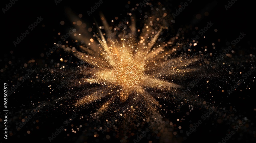 Poster a stunning array of golden particles radiate outward, forming a starburst effect that creates a mesm