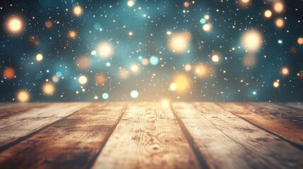 A wooden table rests beneath a night sky filled with twinkling stars and luminous orbs, evoking a peaceful and enchanting ambiance