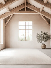 Fototapeta premium Spacious empty room with large windows, high ceilings with beans, natural lighting and beige tones