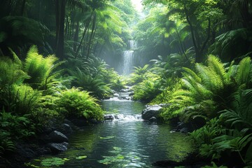 Obraz premium Lush Rainforest Waterfall and Stream