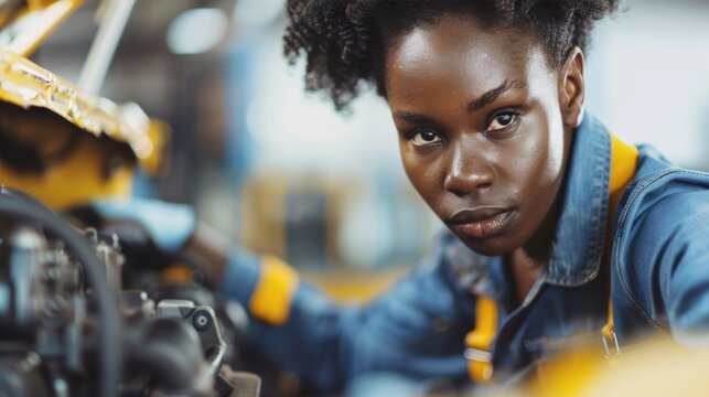 A female mechanic focuses on repairing a car engine, demonstrating her professionalism and technical skills in a busy automotive workshop