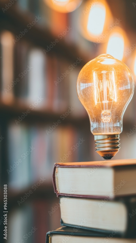 Poster the warm light from a bulb shines brightly above a neatly arranged stack of books, creating an invit