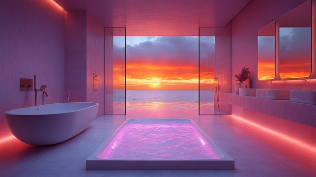 Sleek modern bathroom with a smart shower, holographic features, and a stunning sunset view - Powered by Adobe