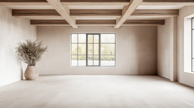 Spacious empty room with large windows, high ceilings with beans, natural lighting and beige tones