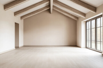 Spacious empty room with large windows, high ceilings with beans, natural lighting and beige tones