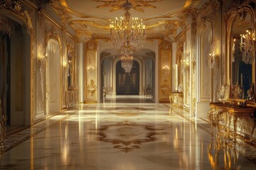 Gilded Hallway with Chandeliers and Marble Floor.