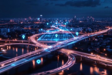 Fototapeta premium map projected above a city landscape, with transportation routes highlighted, showcasing the smart city concept.