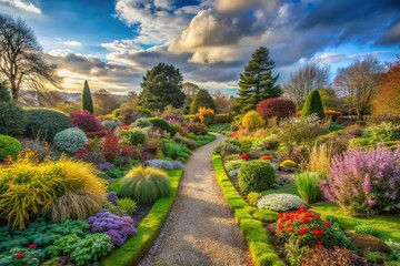 Obraz premium A beautiful English winter garden with a meandering path lined with vibrant flowers and shrubs surrounded by lush greenery and overlooking a serene cloud filled sky, high angle, winter