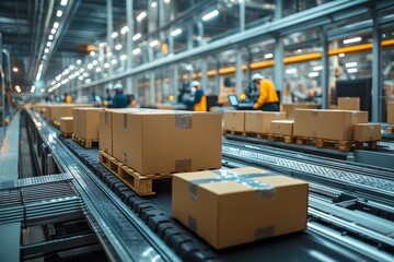 Conveyor Belt System with Cardboard Boxes in a Warehouse
